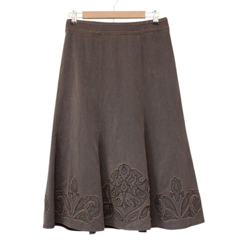 Y2K CAbi Midi Skirt Size 4 Pleated Flared Boho Distressed Embroidered Grunge 90s